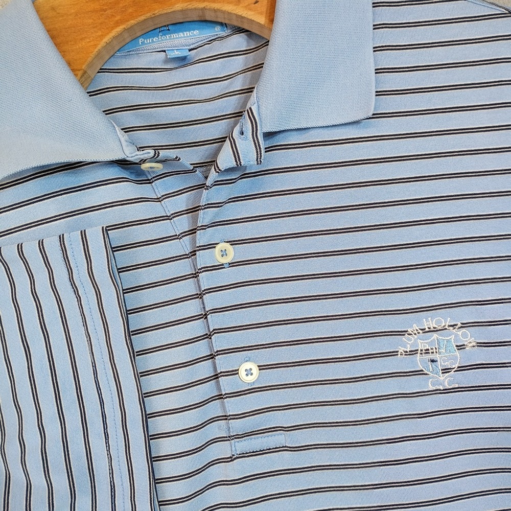 Fairway And Greene Mens L Plum Hollow Country Club Blue Stripe Pureformance Polo